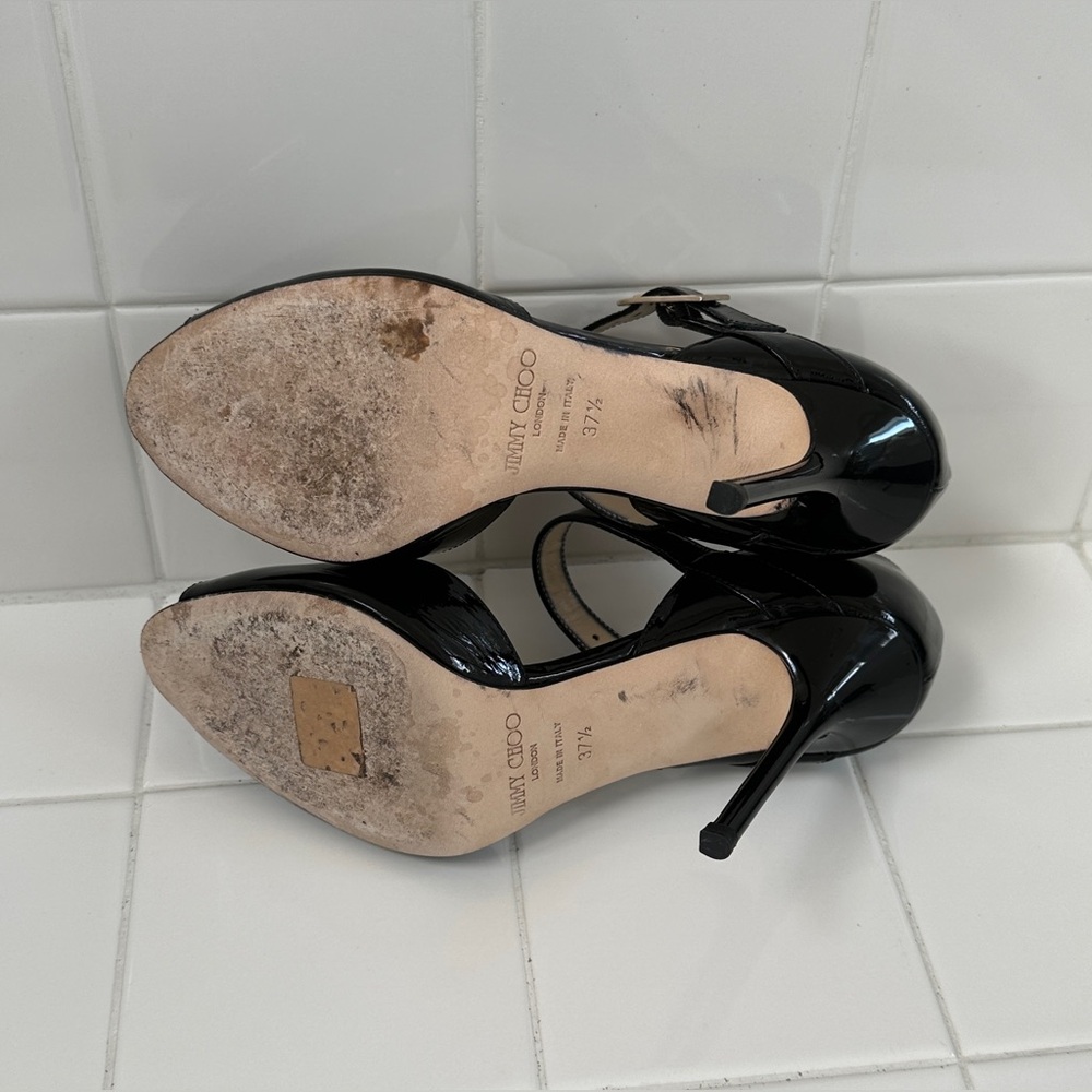 Jimmy Choo Black Patent Leather Peep-Toe Mary Jane Heels - Picture 6 of 9